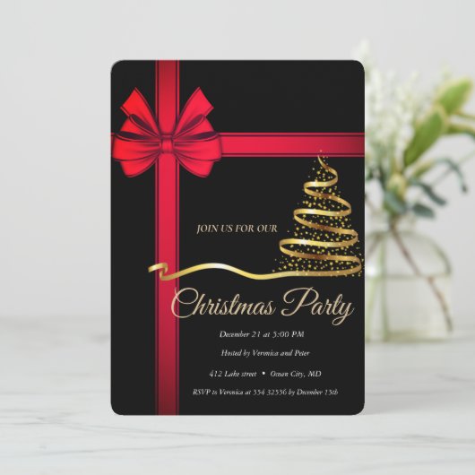 Elegant Zwart Rood Ribonn - Gouden Kerstboom Kaart (Staand voorkant)