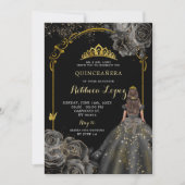 Elegant zwart Roos en gouden prinses Quinceañera Kaart (Voorkant)