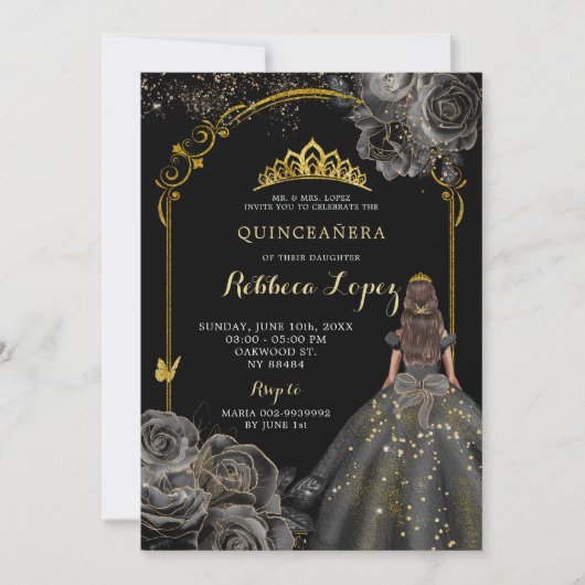 Elegant zwart Roos en gouden prinses Quinceañera Kaart (Voorkant)