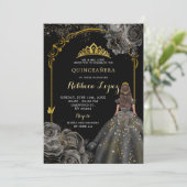 Elegant zwart Roos en gouden prinses Quinceañera Kaart (Staand voorkant)