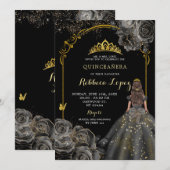 Elegant zwart Roos en gouden prinses Quinceañera Kaart (Voorkant / Achterkant)