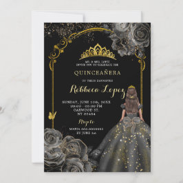 Elegant zwart Roos en gouden prinses Quinceañera Kaart