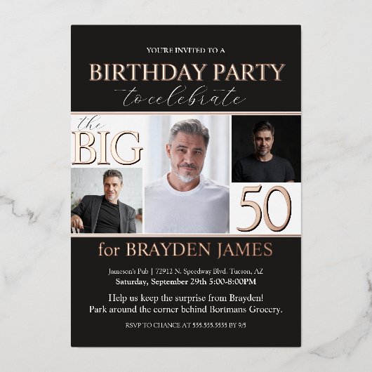 Elegant zwart Roos Gold 50ste verjaardag Folie Uitnodiging (Voorkant)