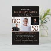 Elegant zwart Roos Gold 50ste verjaardag Folie Uitnodiging (Staand Voorkant)