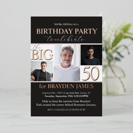 Elegant zwart Roos Gold 50ste verjaardag Folie Uitnodiging (Staand Voorkant)