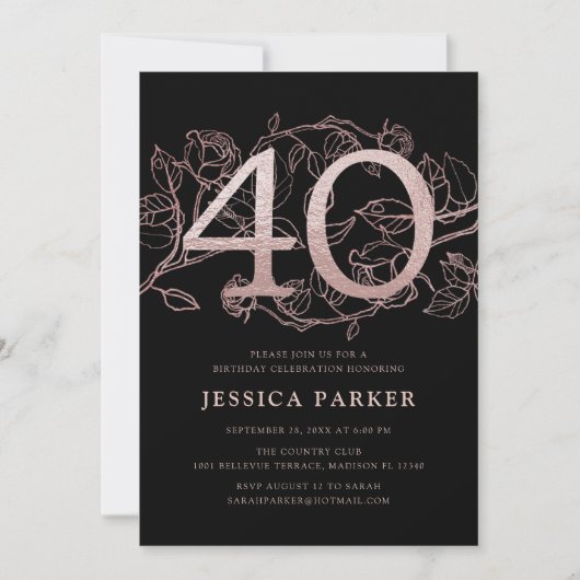 Elegant Zwart Roos Goud 40e Verjaardag Kaart (Voorkant)