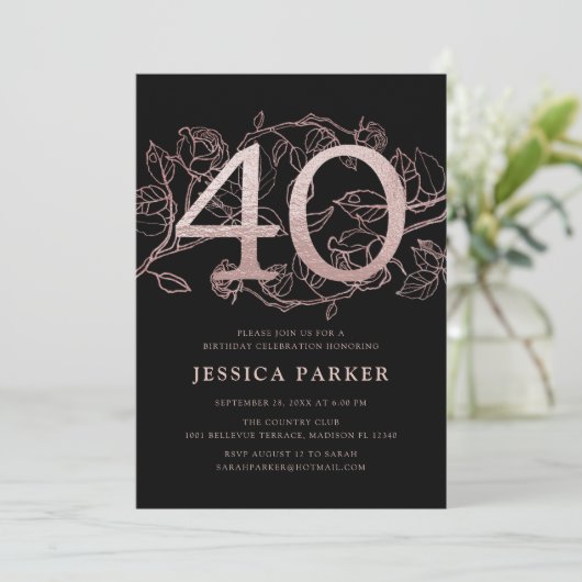 Elegant Zwart Roos Goud 40e Verjaardag Kaart (Staand voorkant)