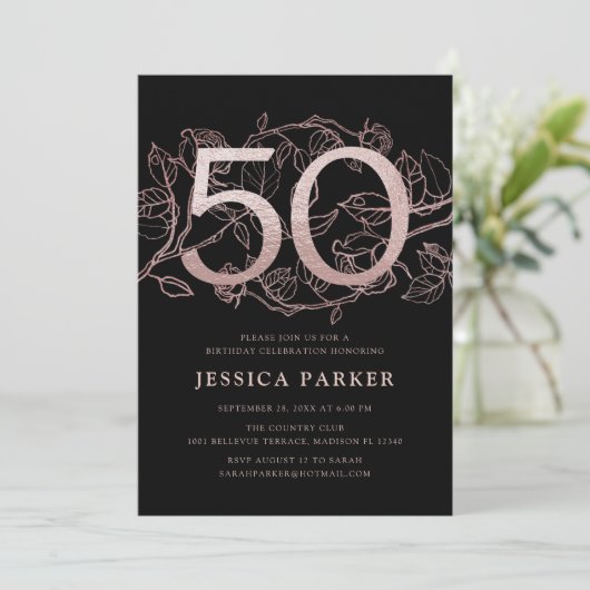 Elegant Zwart Roos Goud 50e Verjaardag Kaart (Staand voorkant)