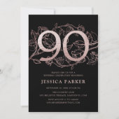 Elegant Zwart Roos Goud 90e Verjaardag Kaart (Voorkant)