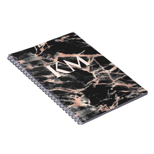 Elegant zwart roos goud girly marmer art monogram notitieboek (Rechterzijde)