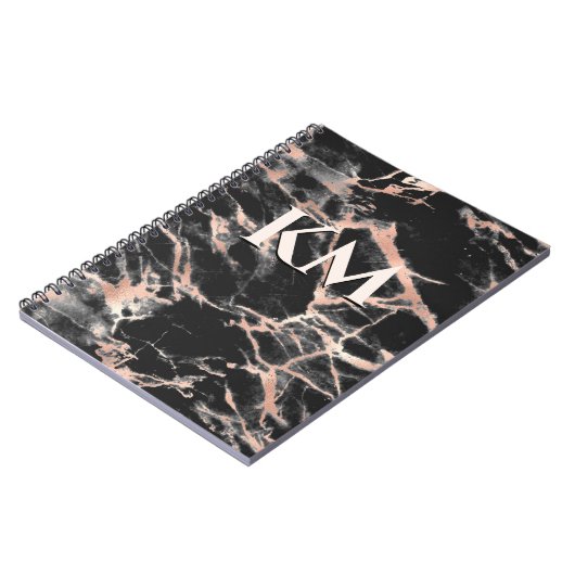 Elegant zwart roos goud girly marmer art monogram notitieboek (Linkerzijde)
