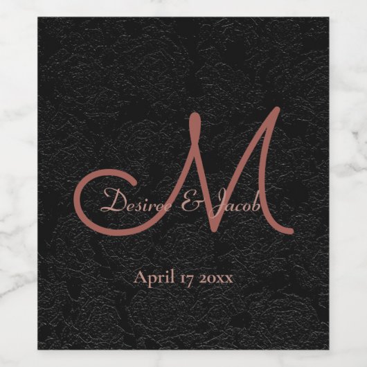 Elegant Zwart Roos Goud Modern Bruiloft Monogram Wijn Etiket (Enkel label)