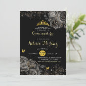 Elegant Zwart roos & Goud Royal Crown Mis Quince Kaart (Staand voorkant)
