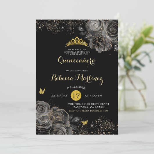 Elegant Zwart roos & Goud Royal Crown Mis Quince Kaart (Staand voorkant)