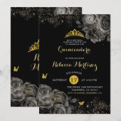 Elegant Zwart roos & Goud Royal Crown Mis Quince Kaart (Voorkant / Achterkant)