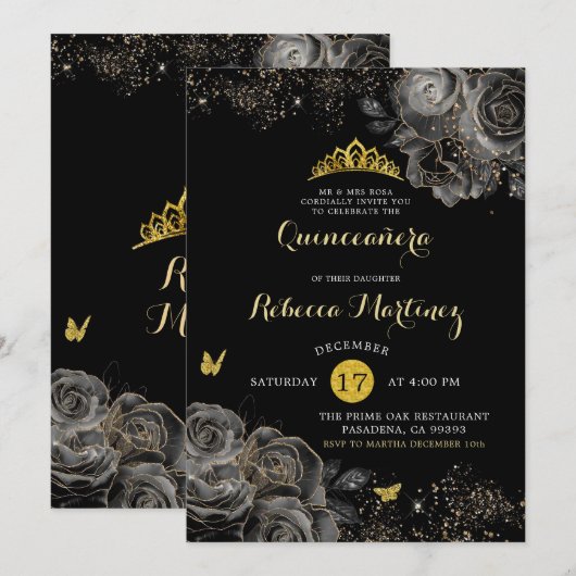 Elegant Zwart roos & Goud Royal Crown Mis Quince Kaart (Voorkant / Achterkant)
