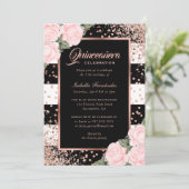 Elegant zwart Roos goud roze bloemen Quinceañera Kaart (Staand voorkant)