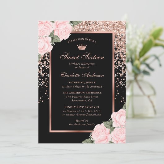 Elegant Zwart Roos Goud Roze Sweet 16 Verjaardag Kaart (Staand voorkant)