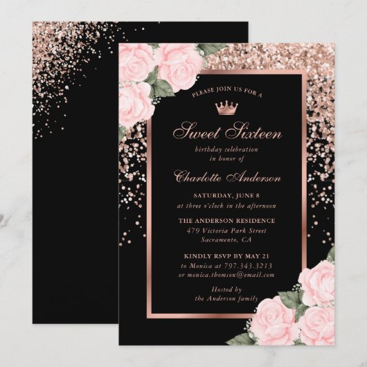 Elegant Zwart Roos Goud Roze Sweet 16 Verjaardag Kaart (Voorkant / Achterkant)