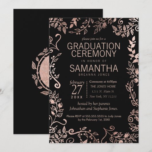 Elegant Zwart Roos Gouden Bloemen Afstuderen Kaart (Voorkant / Achterkant)