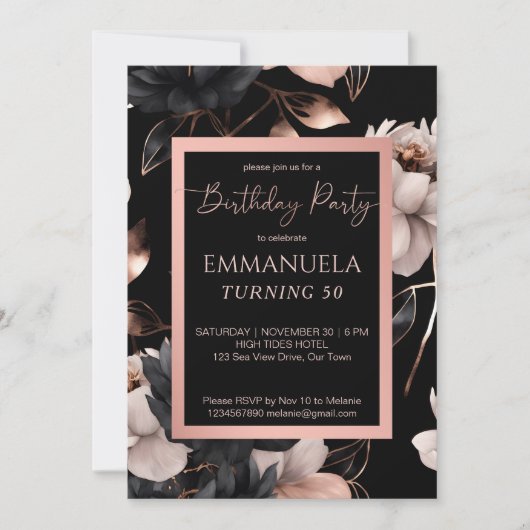 Elegant zwart roos gouden bloemenverjaardag sjablo kaart (Voorkant)