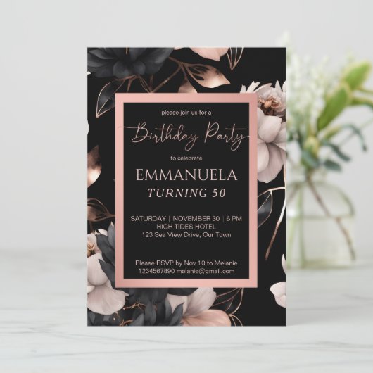 Elegant zwart roos gouden bloemenverjaardag sjablo kaart (Staand voorkant)