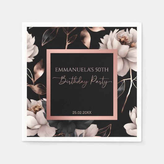 Elegant zwart roos gouden bloemenverjaardag sjablo servet (Voorkant)