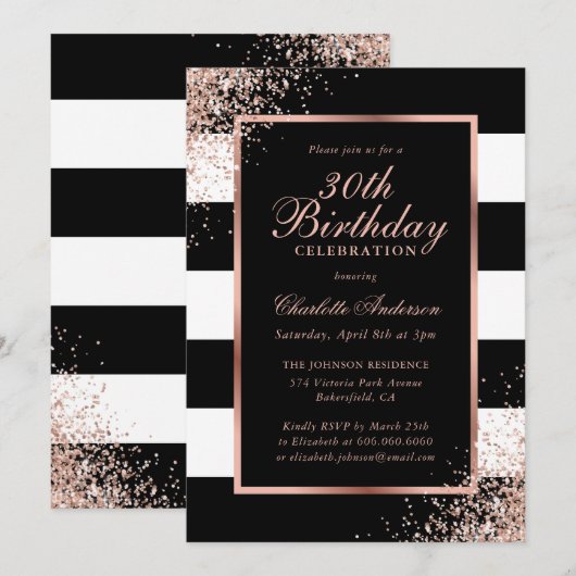 Elegant Zwart Roos Gouden Confetti 30ste Verjaarda Kaart (Voorkant / Achterkant)