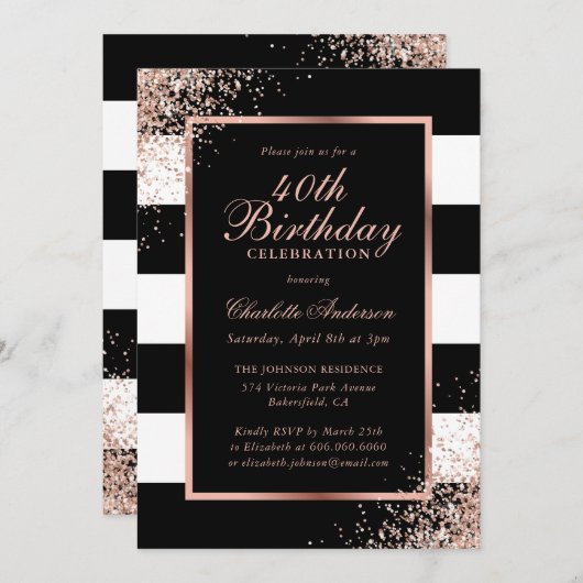 Elegant Zwart Roos Gouden Confetti 40ste Verjaarda Kaart (Voorkant / Achterkant)