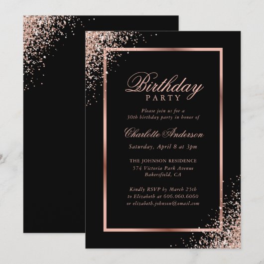 Elegant zwart Roos gouden Confetti verjaardagsfees Kaart (Voorkant / Achterkant)