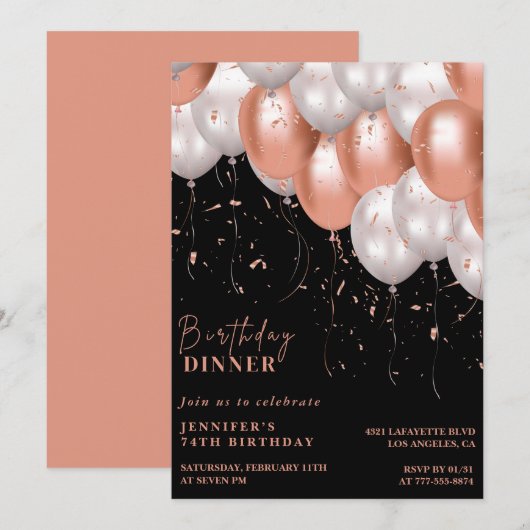 Elegant Zwart Roos gouden Diner 74e verjaardag Kaart (Voorkant / Achterkant)