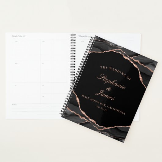 Elegant Zwart Roos Gouden Folie Agaat Foto Bruilof Planner (Display)