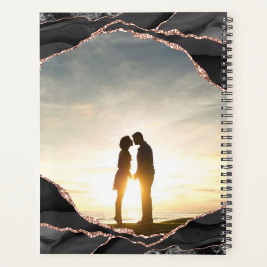 Elegant Zwart Roos Gouden Folie Agaat Foto Bruilof Planner (Achterkant)