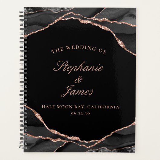 Elegant Zwart Roos Gouden Folie Agaat Foto Bruilof Planner (Voorkant)