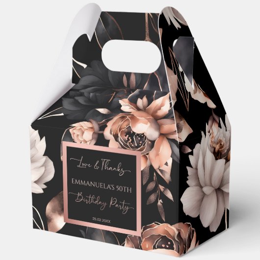 Elegant zwart roos gouden verjaardagsgunsten sjabl bedankdoosjes (Voorkant)