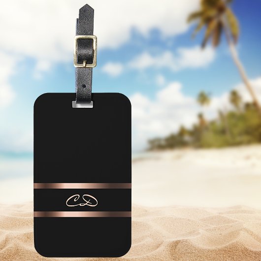 Elegant zwart roos goudmonogram initiaal bagagelabel