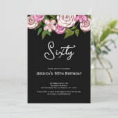Elegant Zwart Roze Bloemen 60ste Verjaardagsfeest Kaart (Staand voorkant)