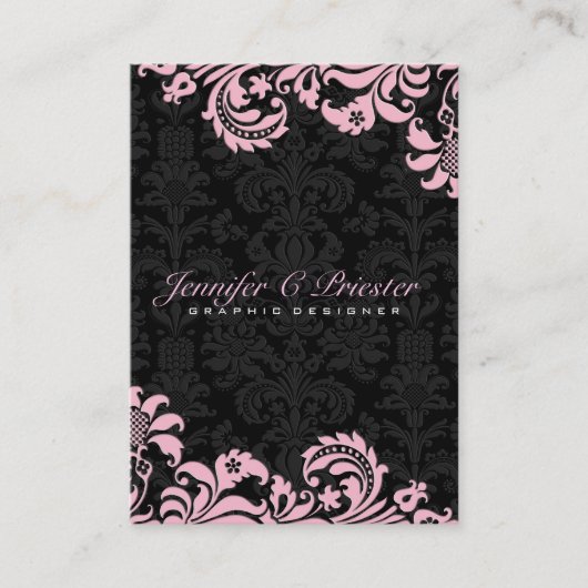 Elegant Zwart & roze Bloemen Damasks 2 Visitekaartje (Voorkant)