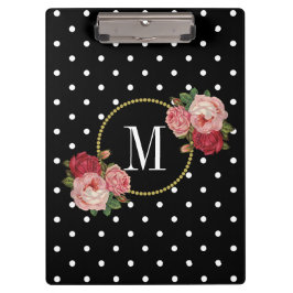 Elegant Zwart  Roze Bloemen Stippen Monogram Klembord