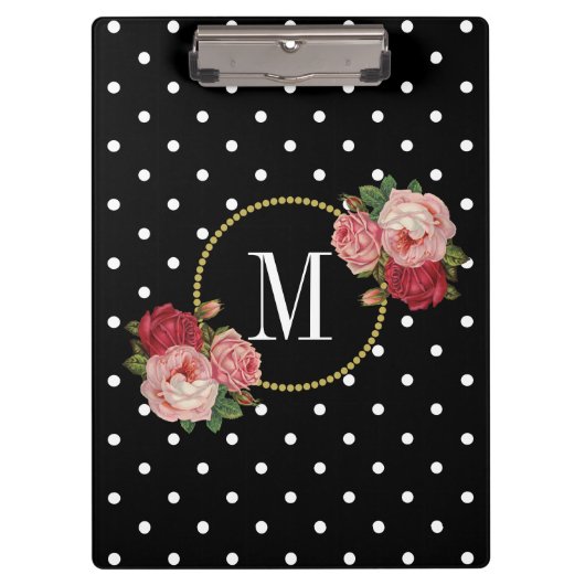 Elegant Zwart  Roze Bloemen Stippen Monogram Klembord (Voorkant)