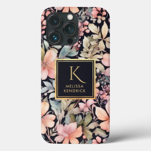Elegant Zwart Roze Bloemen Waterverf Monogram Naam Case-Mate iPhone Case (Achterkant)