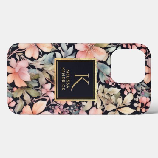 Elegant Zwart Roze Bloemen Waterverf Monogram Naam Case-Mate iPhone Case (Achterkant (horizontaal))