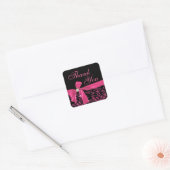 Elegant Zwart Roze Damast Diamant Bow Dank u Vierkante Sticker (Envelop)