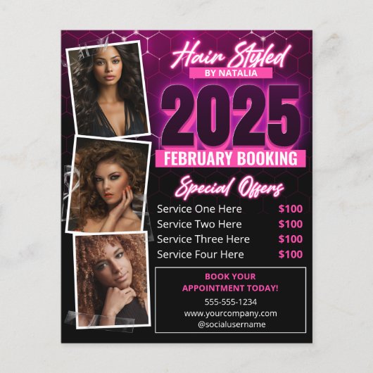 Elegant Zwart Roze Haar Salon Foto 2025 Boeking Flyer (Voorkant)