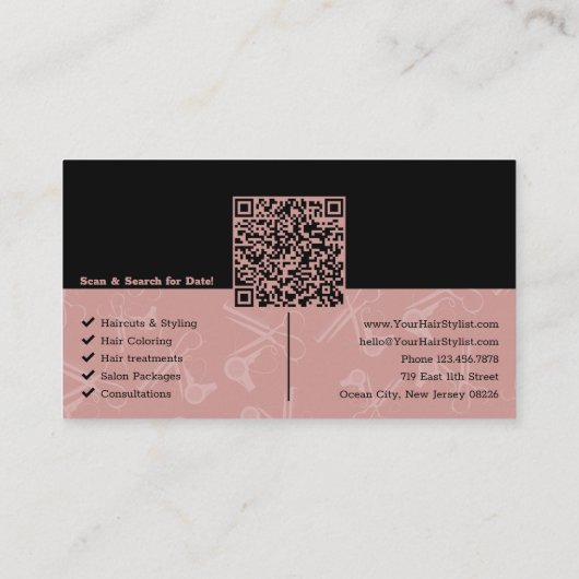 Elegant Zwart & Roze Haarsalon Logo QR Code Visitekaartje (Achterkant)