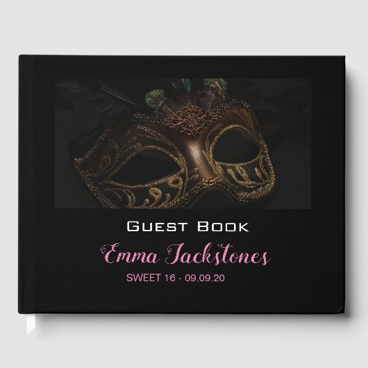 Elegant Zwart & Roze Masker Maskerade Sweet 16 Gastenboek (Voorkant)