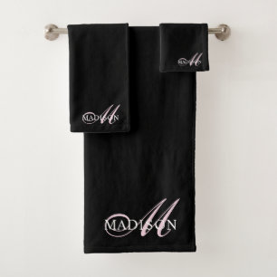 Elegant Zwart Roze Monogram Script Initiaal Naam Bad Handdoek