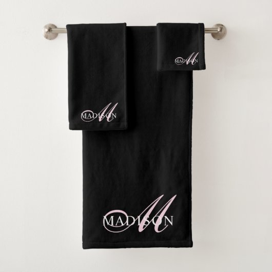 Elegant Zwart Roze Monogram Script Initiaal Naam Bad Handdoek (Insitu)