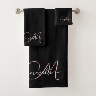 Elegant zwart roze monogram scriptnaam bad handdoek