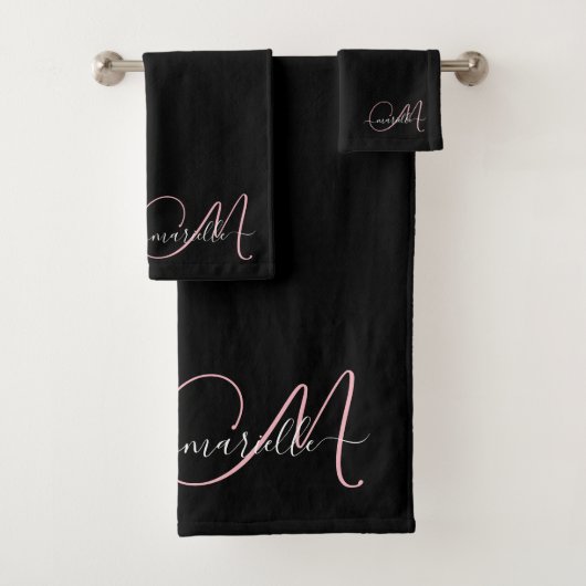 Elegant zwart roze monogram scriptnaam bad handdoek (Insitu)